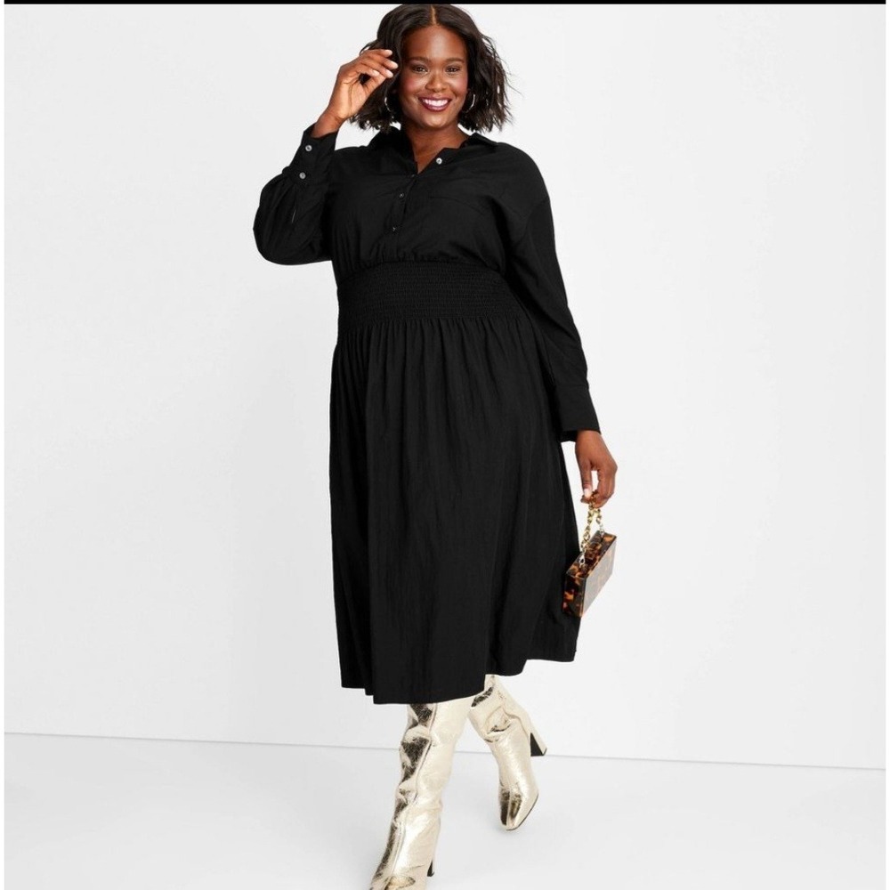 Women's Collared Long Sleeve Smocked Midi Dress Future Collective Size XXL Black